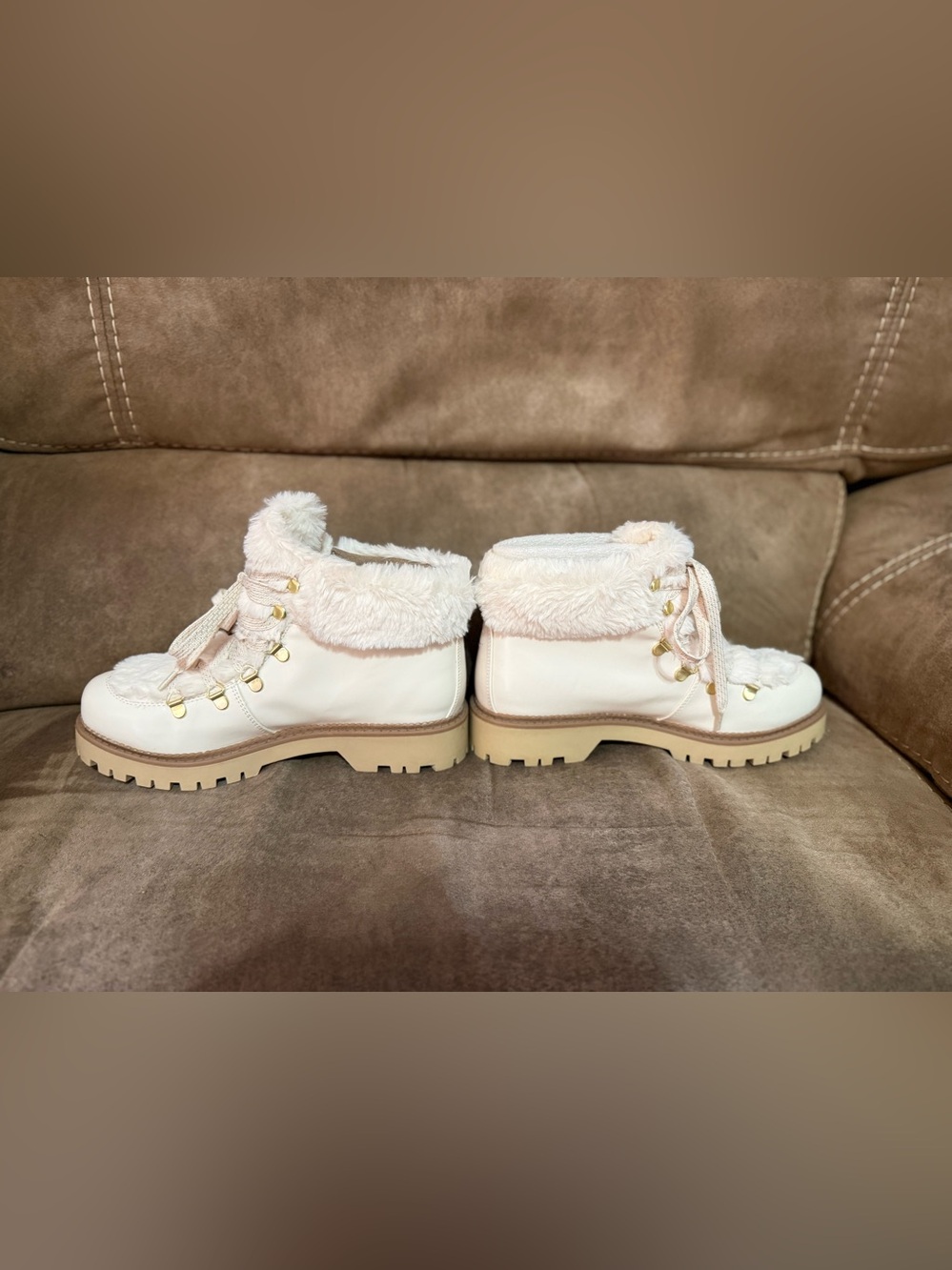 Sam Edelman Circus Cream Lace-Up Ankle Boots with Faux Fur Trim